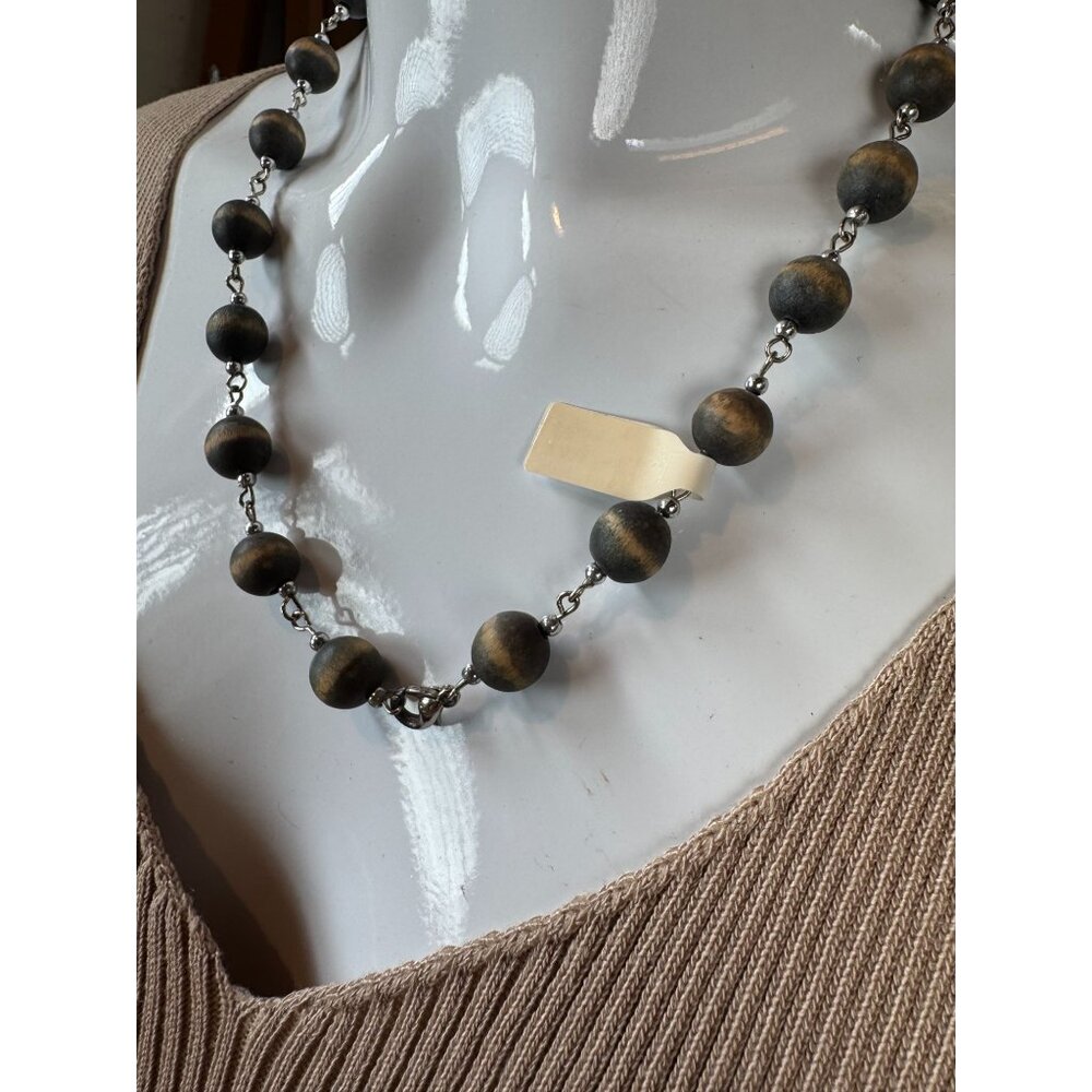 Rustic Wooden Bead Necklace With Metal Chain & Lobster Clasp